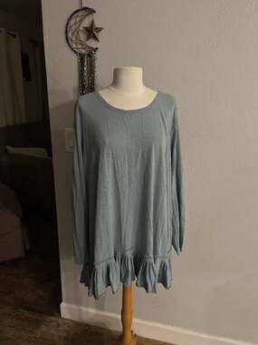 LOGO by Lori Goldstein Blue Long Sleeve Ruffle Hem Cotton Top Size 3XL